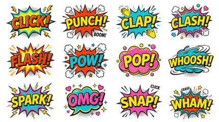 Naklejka premium Comic book sound effects pack with click punch clap words.