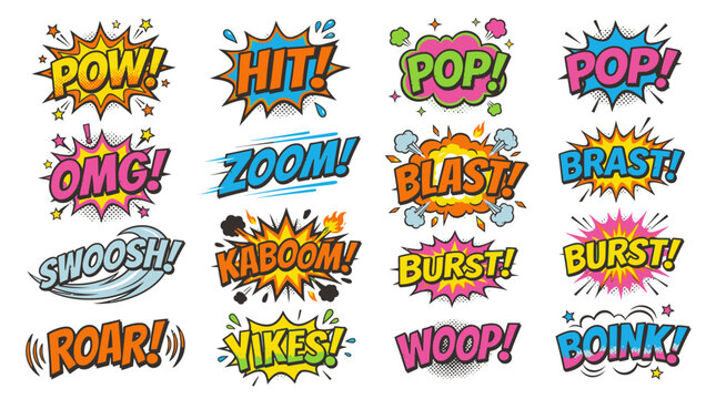 Dynamic pop art comic action words and sound effect bubbles.