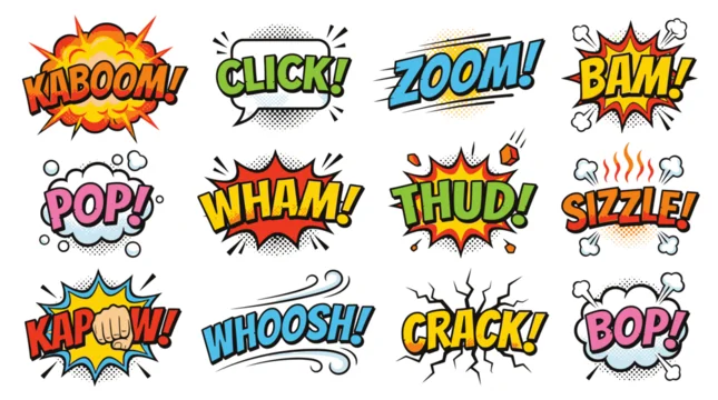 Comic explosion bubbles featuring kaboom and zoom action words.
