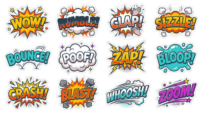 Colorful comic style stickers with wow and crash sounds.