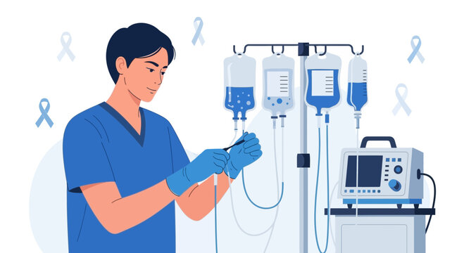 Nurse preparing chemotherapy infusion, medical equipment and awareness ribbons background