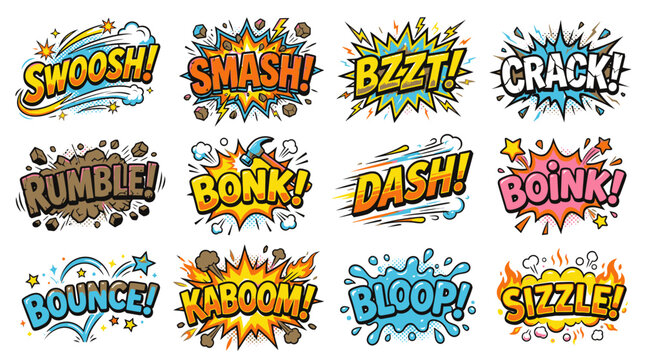 Comic onomatopoeia set featuring swoosh smash bzzt crack.