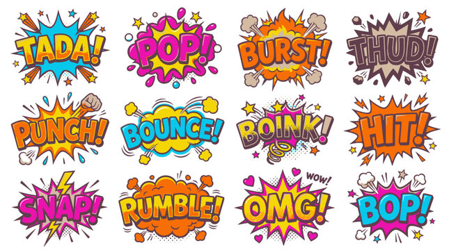 Comic onomatopoeia set with tada pop and punch bubbles.