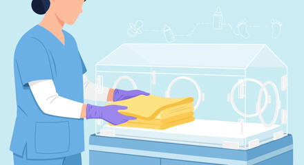Obraz premium Nurse preparing incubator for newborn baby in neonatal intensive care unit