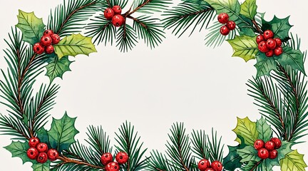 Fototapeta premium Watercolor Christmas Wreath Frame Featuring Pine Branches and Holly Berries