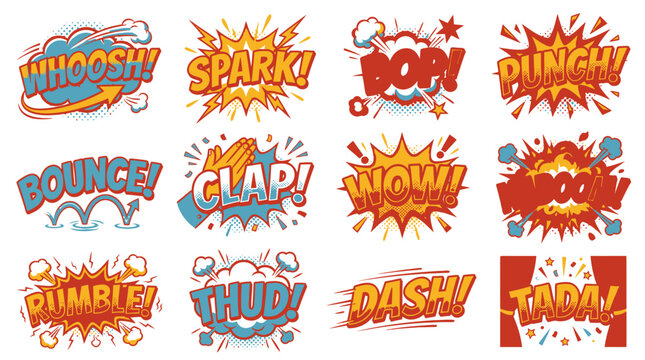 Exciting comic book sound effects collection on white.