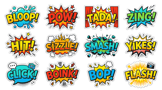Comic onomatopoeia stickers with Bloop Pow and Tada.