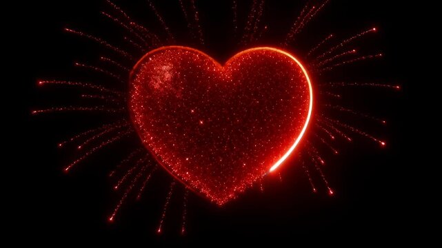 Red heart glitter firework glow on black background with sparkles, bokeh light, vivid dust, abstract love shape, absorb nubes for SEO search title