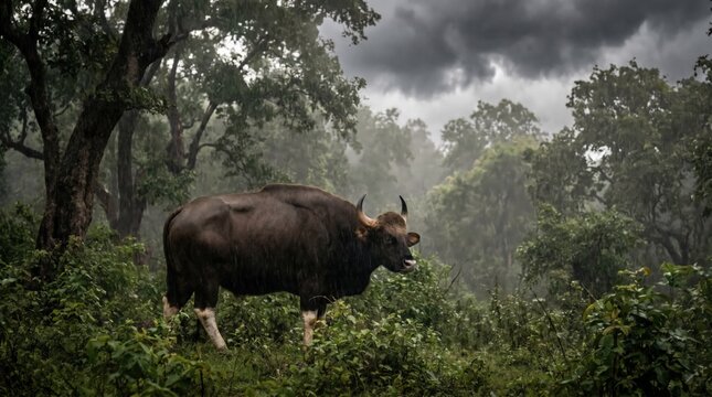Gaur in Forest During Monsoon Rain