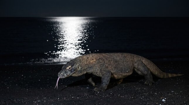 Komodo Dragon on a Beach at Night Under Moonlight