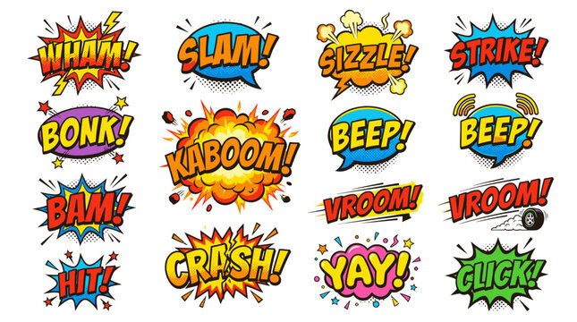 Comic sound bubbles set with wham and vroom.