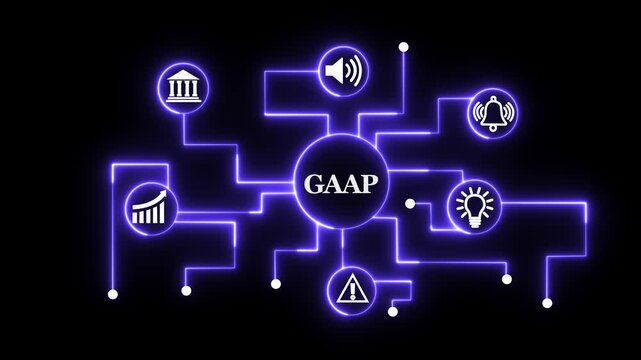 Gaap generally accepted accounting principles financial reporting concept with glowing neon digital network interface and connected data nodes for corporate business accounting and auditing