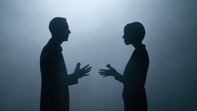 Silhouetted people arguing in dramatic foggy light, conflict concept