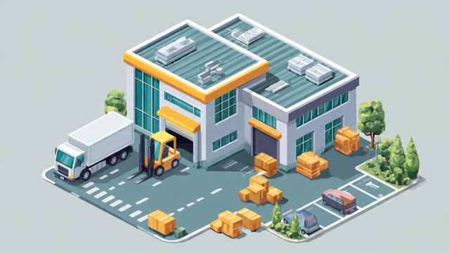 Modern Warehouse Building with Solar Panels and Delivery Trucks.