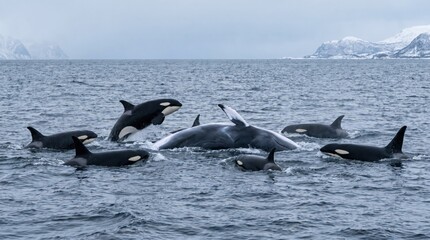 Fototapeta premium Orcas hunting a whale in the Norwegian Sea