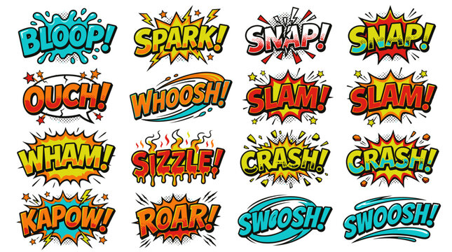 Dynamic comic sound effect bubbles featuring bloop and sizzle.