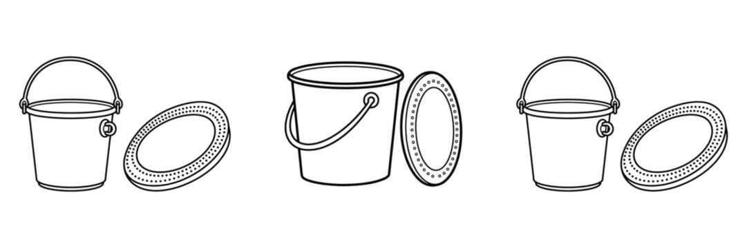 Collection of three outline illustrations showing empty plastic buckets with separate lids and handles in various positions for coloring or design.