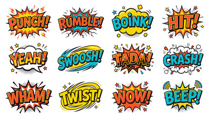 Naklejka premium Dynamic retro comic book action sound bubbles set.