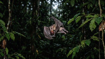 Fototapeta premium Bat in flight with fruit in its mouth in a dark forest