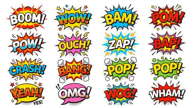 Diverse comic book speech bubbles with popular action sound words.