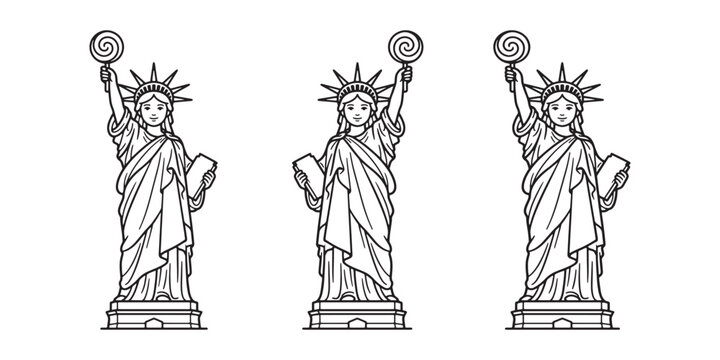 Three detailed line art statues of liberty, each holding a whimsical lollipop, creating a playful and iconic visual.
