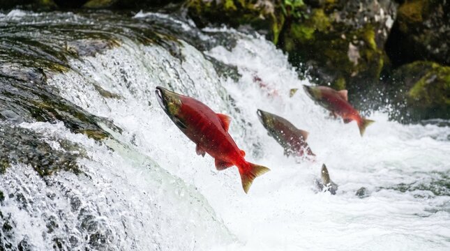 Salmon Leaping Upstream Through Waterfall