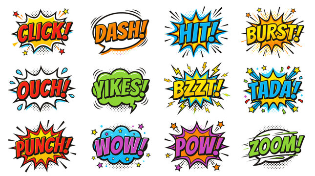 Diverse comic dash yikes burst sound effect sticker set.