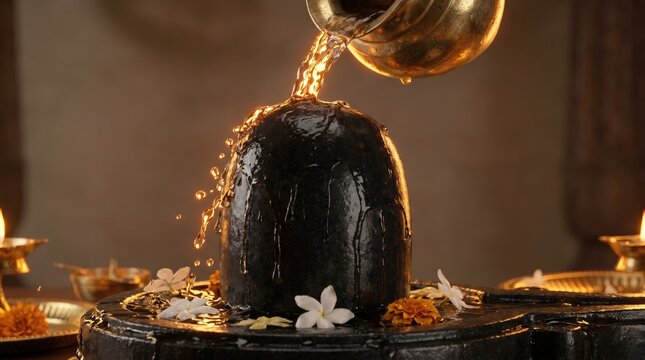Sacred Shiva Lingam Ritual: Water Pouring and Flower Offerings