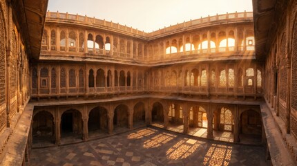Obraz premium Golden Hour Sunlight Streams Through Ornate Jaisalmer Fort Courtyard