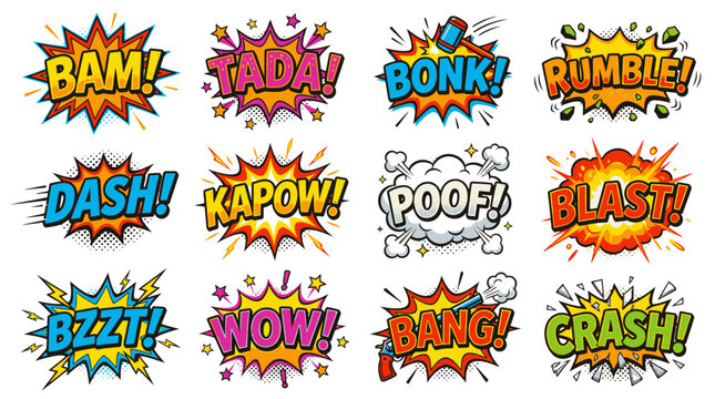 Dynamic comic sound effects including bam tada and blast.