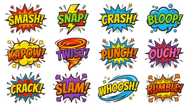 Dramatic comic sound effects set with smash and crash bubbles.
