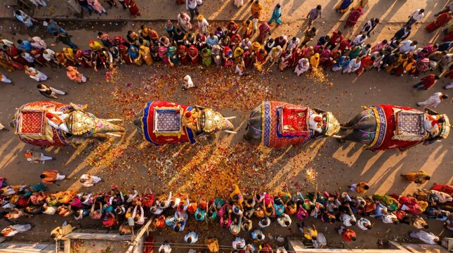 Elephants Procession with Crowds and Flower Petals