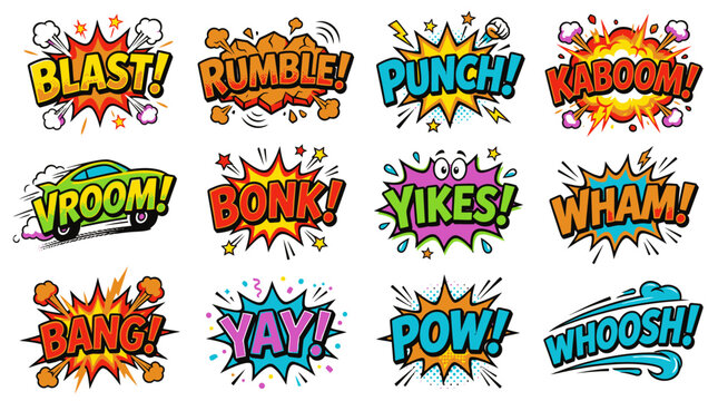 Dynamic set of multi-colored comic sound effect bursts.