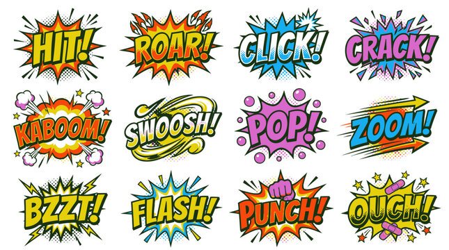 Dynamic comic sound effects set with kaboom and roar.