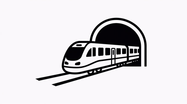 A clean black and white minimalist icon of a modern high-speed train coming out of a tunnel, isolated on a white background.