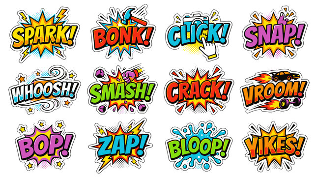 Dynamic cartoon sound effects and onomatopoeia stickers collection.