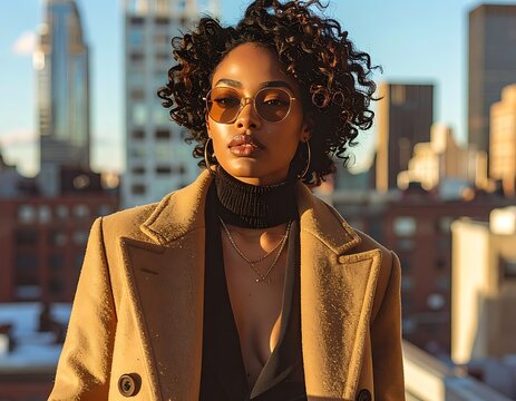 A woman in a tan coat and sunglasses standing in front of a city