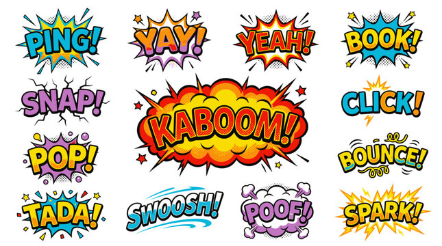 Energetic comic book kaboom and action sound effect set.