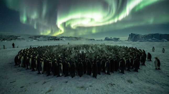 Emperor Penguins Gather Under Aurora Australis in Antarctica