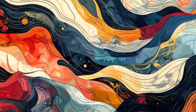 Abstract artwork featuring flowing, layered shapes in various colors with dark blue outlines