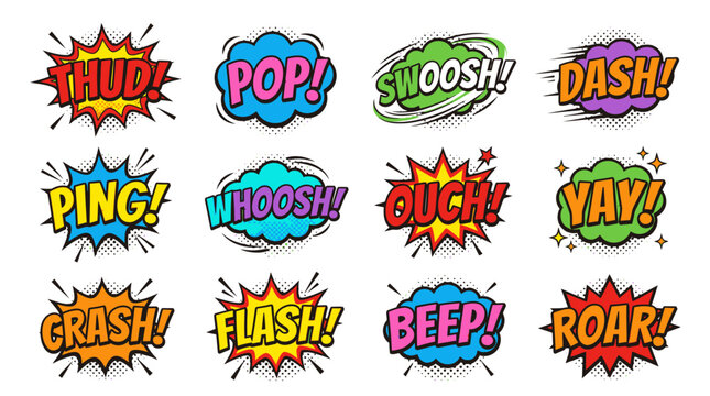 Dynamic colorful comic onomatopoeia bubbles for graphic design.