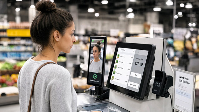 Woman using facial recognition technology for payment at a grocery store