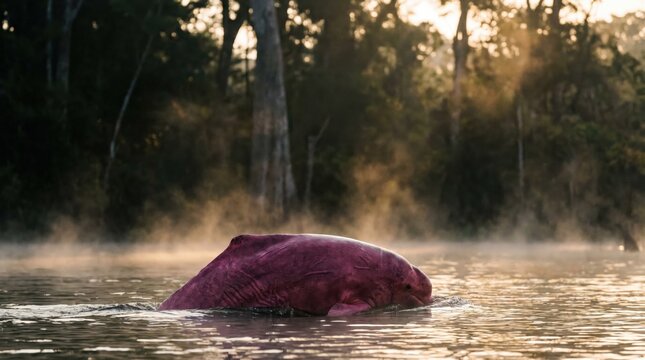 Pink River Dolphin Emerging from Misty Amazon River