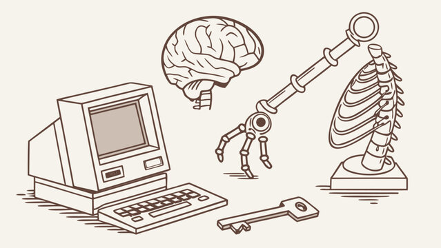 Vector illustration of technology and biology concepts with computer brain skeleton and key, computer