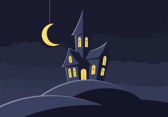 A spooky cartoon castle on a hill under a crescent moon © Luffy
