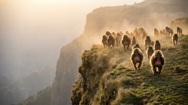 Gelada Monkeys Herd on Mountain Cliff at Sunrise