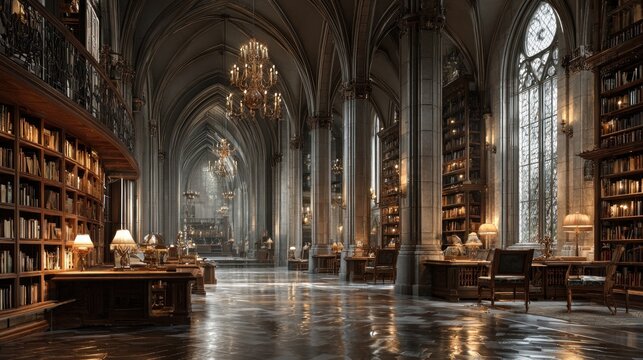 grand library with gothic architecture