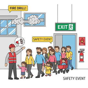A group of people evacuate a building during a fire drill