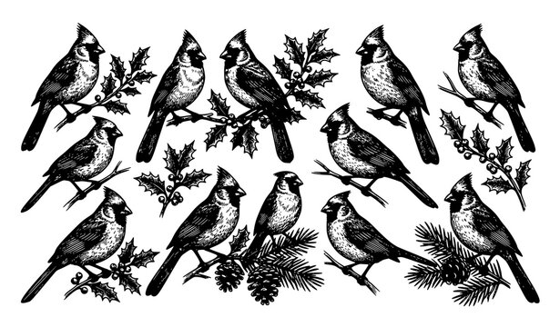 Vintage Northern Cardinal bird vector set with detailed engraving line art illustration sketches