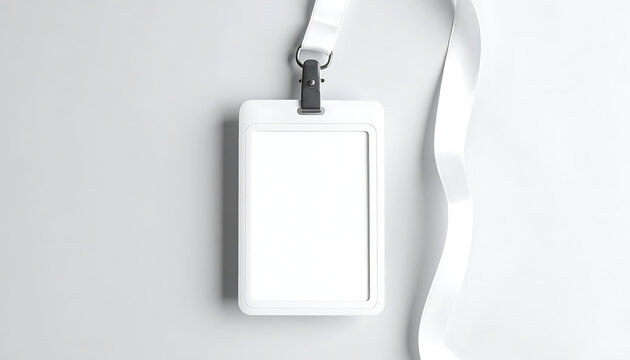 Blank white identification badge holder on a lanyard, security pass for access or corporate events, customizable template